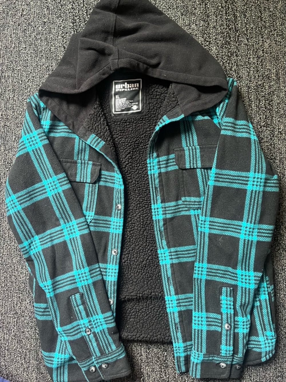 urban pipeline Black & Teal Plaid Sherpa Hoodie Jacket